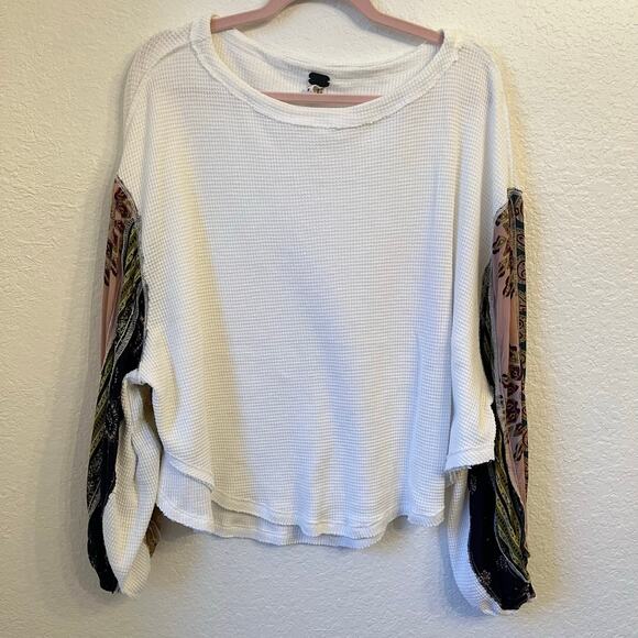 We the Free Blossom Thermal Top Size XS Ivory Patchwork Sleeve Boho Waffle Knit - Picture 2 of 12